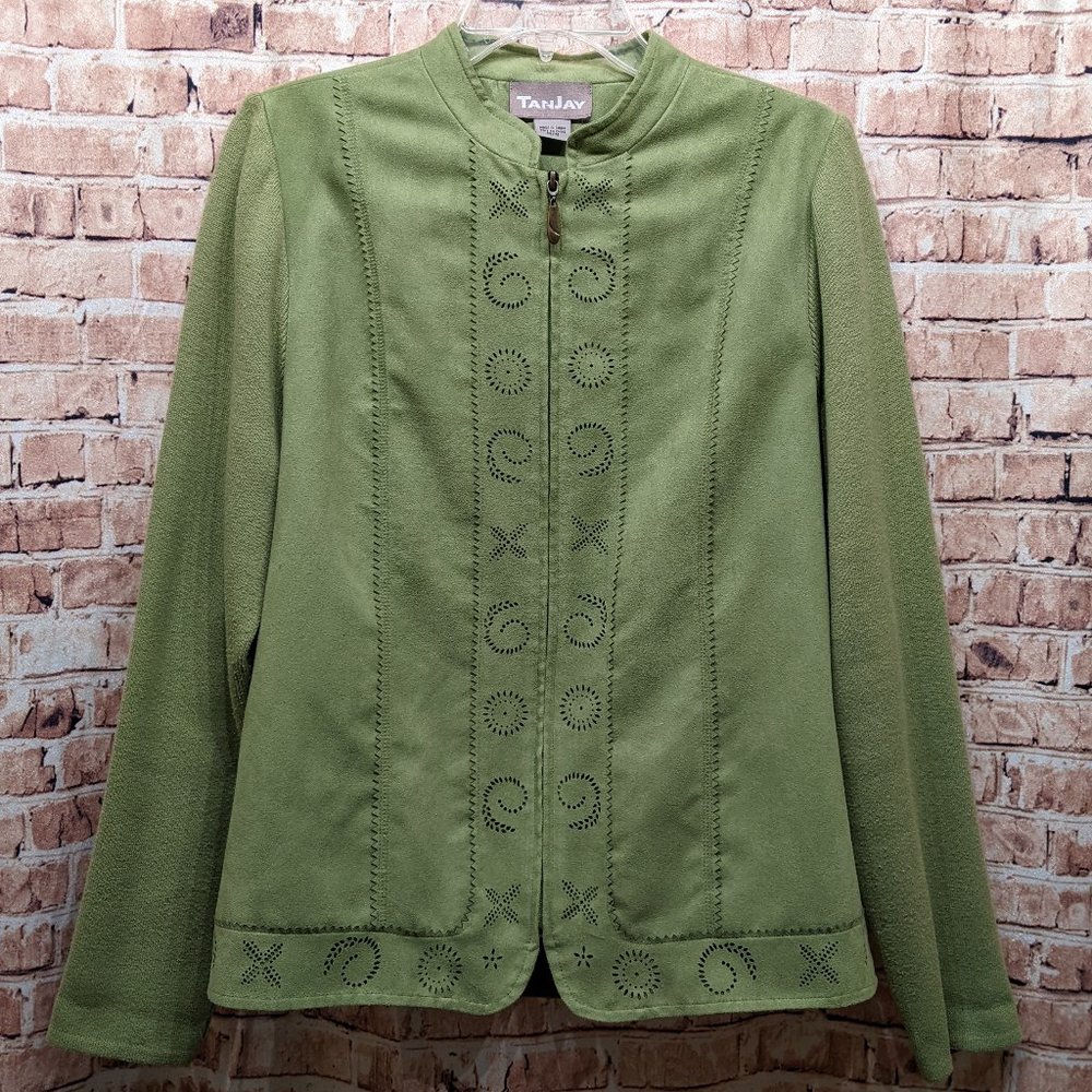 Tan Jay Jacket Full Zip Suede Feel With Sweater Sleeves and Back Size Medium